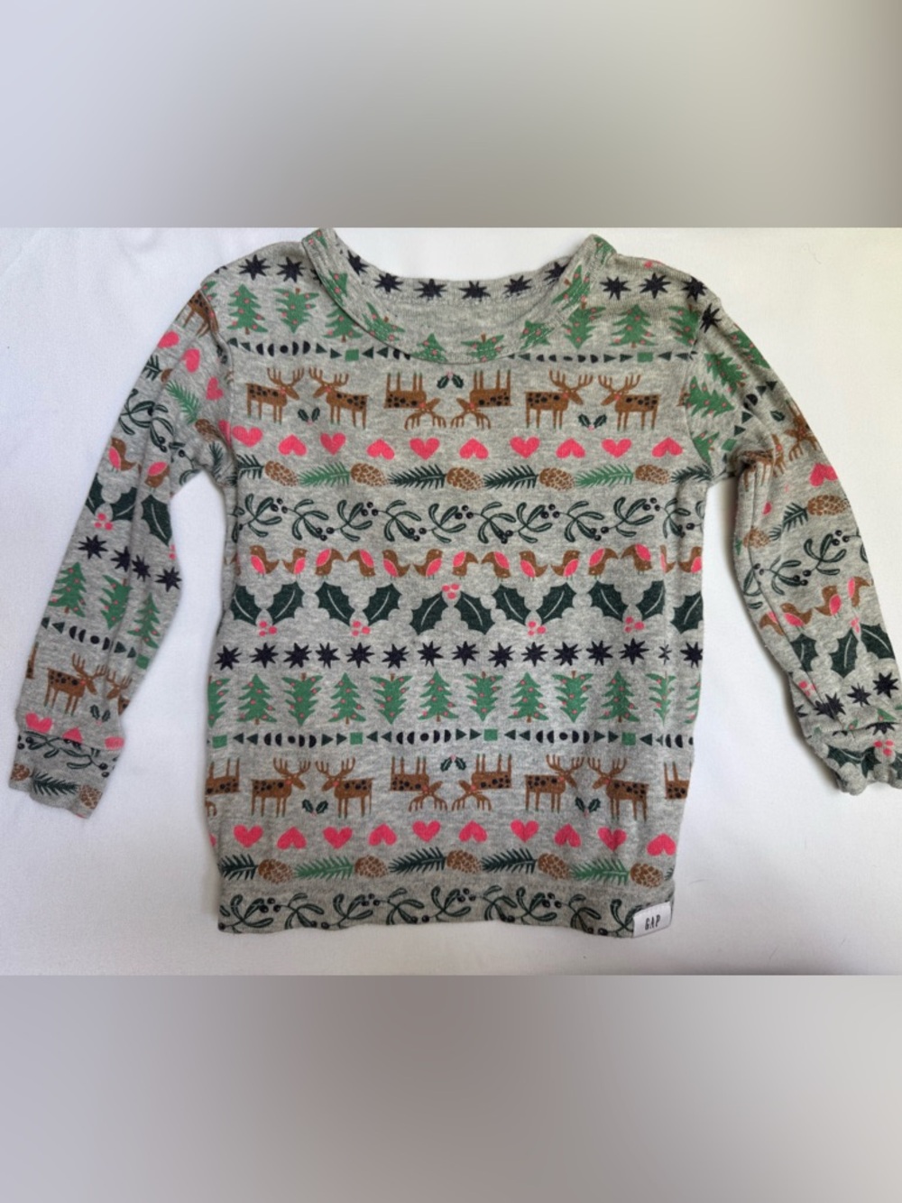 GAP Kids Light Gray Fair Isle Long Sleeve Top with Pink & Green Accents